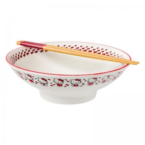 Sanrio Hello Kitty Ceramic Noodle Bowl and Chopstick Set (Red Bows) Sanrio Characters Bowl USA | ZOHSM-6079