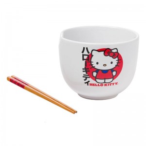 Sanrio Hello Kitty Ceramic Ramen Bowl and Chopstick Set (Japan Logo) Sanrio Characters Bowl USA | DTSWJ-4583