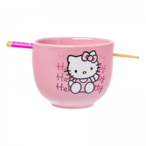 Sanrio Hello Kitty Ceramic Ramen Bowl and Chopstick Set (Pink Wave) Sanrio Characters Bowl USA | KDIQJ-5234