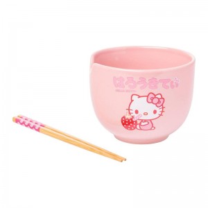 Sanrio Hello Kitty Ceramic Ramen Bowl and Chopstick Set (Strawberry Milk) Sanrio Characters Bowl USA | CPZJN-6239