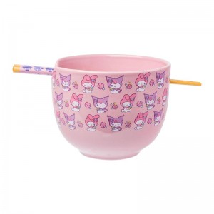 Sanrio My Melody & Kuromi Ceramic Ramen Bowl and Chopstick Set (Pastel Flowers) Sanrio Characters Bowl USA | IARZQ-7169