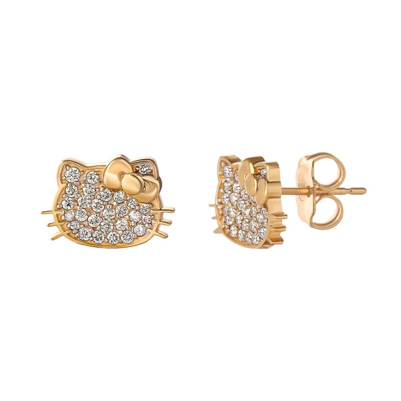 Sanrio Hello Kitty 14K Yellow Gold Pavé Diamond Stud Accessories Earrings  USA |  HONWJ-2936