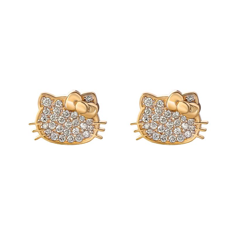 Sanrio Hello Kitty 14K Yellow Gold Pavé Diamond Stud Accessories Earrings  USA |  HONWJ-2936