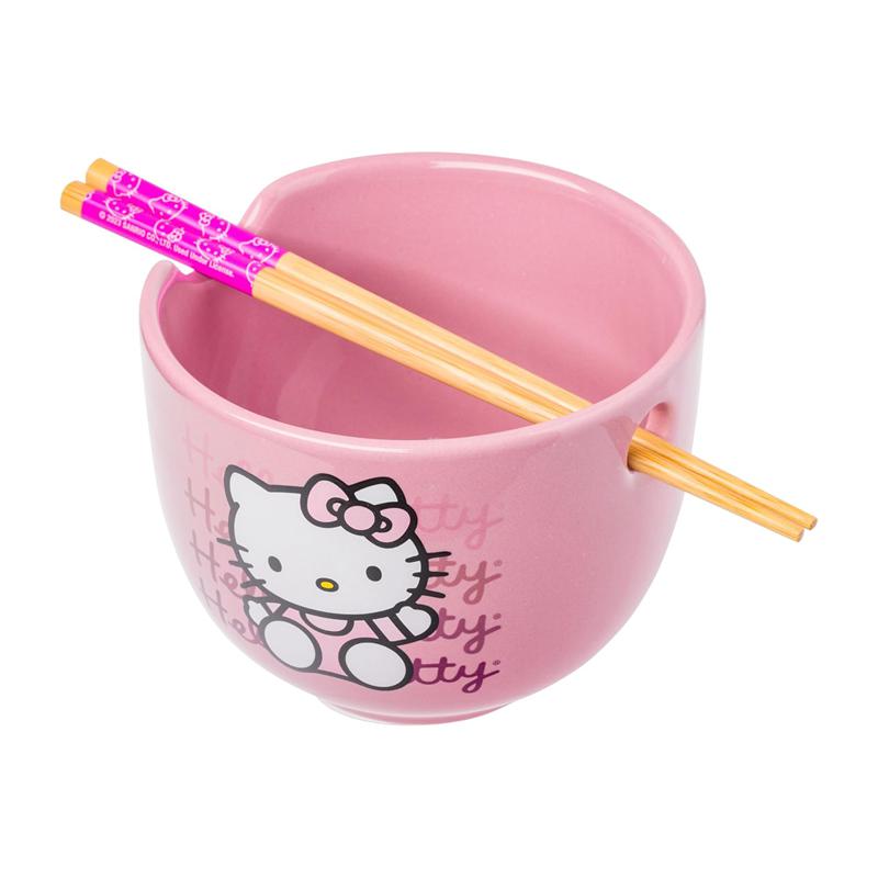 Sanrio Hello Kitty Ceramic Ramen Bowl and Chopstick Set (Pink Wave) Sanrio Characters Bowl  USA |  KDIQJ-5234