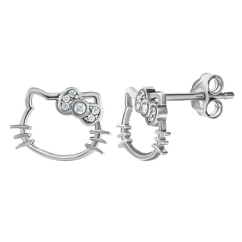 Sanrio Hello Kitty Sterling Silver Silhouette Diamond Stud Accessories Earrings  USA |  EFQVO-3587